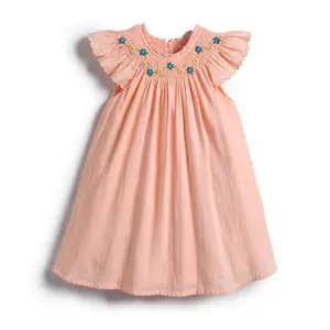 Kızlar için 2024 özel önlüklü turuncu elbise pamuklu giysiler çocuklar nakış el yapımı çiçek bebek çocuk uçan kollu