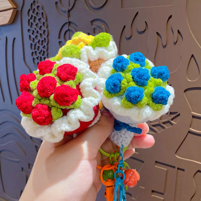 Cute Wool Yarn Crochet Flower Bouquet Keychain Gift Hand Woven Flower Bouquet Keychain Cute Bag Pendant Keychain