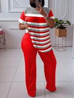 Ensemble deux pièces pour femmes, haut à manches courtes à col rond rayé et pantalon large