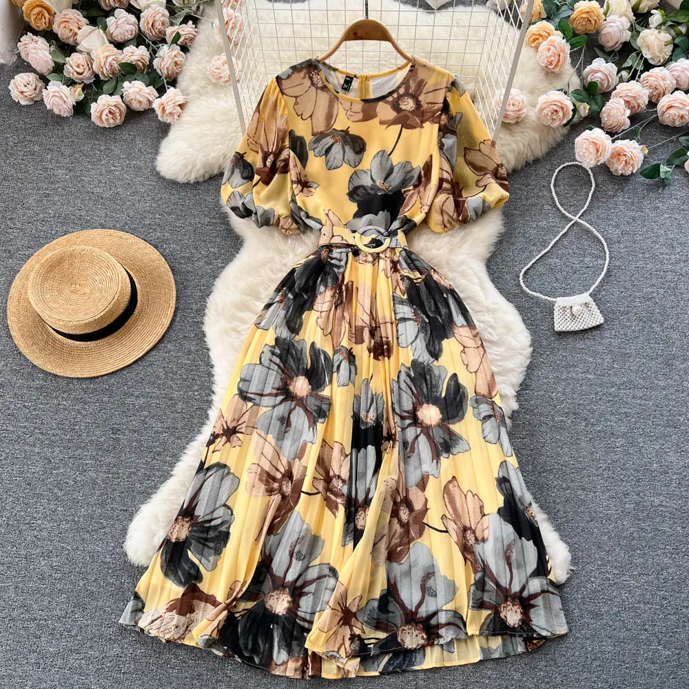 Summer Elegant Ethnic Style Floral Dress Women's High Waist Bubble Sleeve Pleated Dress With Belt