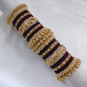 <b>Gold</b> Plated Pota Stone and Pearl Meenakari Velvet <b>Bangles</b> <b>Set</b> Fashion Jewelry for Wedding and Special Occasions for Bride - Product Image 2