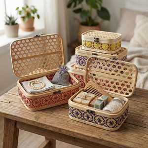Woven Bamboo Storage Box with Lid Boho Home Decor Natural Rectangular Basket for <b>Shelf</b> Colorful Geometric Pattern Organizer Viet - Product Image 5