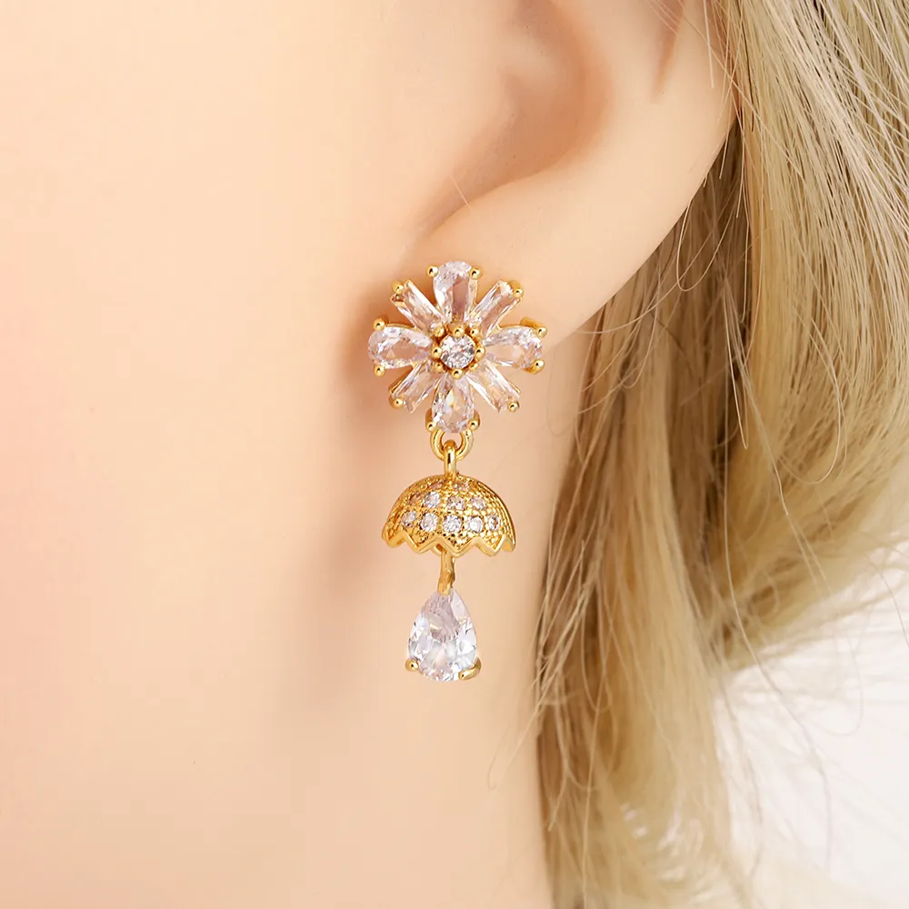 JXX hot sale brass jewelry zirconia cubic large stud flower drop earrings jewelry earring 24k gold plated ear stud