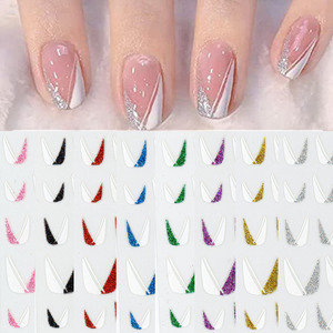 Autocollants pour ongles en forme de U, style French Manucure, blancs, argentés, dorés, à paillettes, rayés, auto-adhésifs, pour manucure - Product Image 1