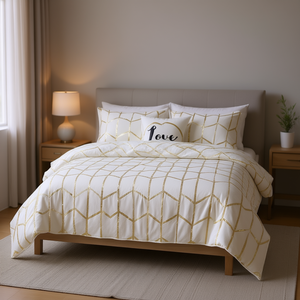 Ensemble de couette imprimé métallique 4 pièces, design géométrique moderne, literie, décoration intérieure, motif blanc et or, 100% polyester, lavable en machine - Product Image 2