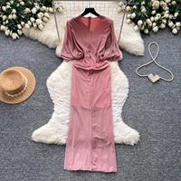 Robe longue élégante d'été pour femme, col en V, manches lanternes, taille cintrée, coupe trapèze, en maille, pour le quotidien