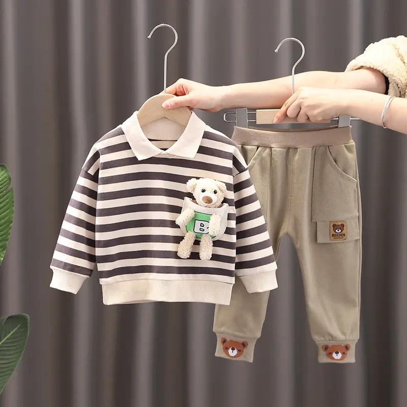 Moda rahat bebek erkek 2 adet giysi seti polo gömlekler set