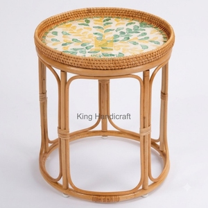 Unique Handicraft Cane Tea <b>Table</b> <b>Round</b> Shell Inlay Top Boho Style Bedside Living Room Corner <b>Coffee</b> <b>Table</b> <b>Cheap</b> Price - Product Image 2