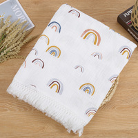 Couverture Bébé en Gaze Crêpe Double Couche avec Pompons, 100% Coton Mousseline, Housse de Poussette, Couette d'Été Climatisation