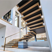 Escalier flottant moderne à LED avec marches en marbre et garde-corps en verre - Design d'escalier intérieur de luxe d'usine