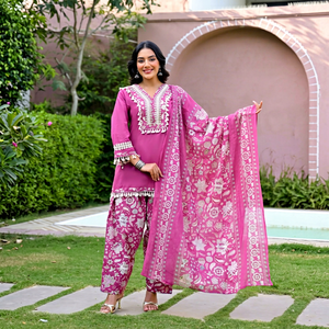 <b>Pink</b> Digital Print Farsi Design Cotton Women <b>Salwar</b> <b>Kameez</b> Set Dupatta 3/4 Sleeve Short Length Party Wear Pakistan Style Quick - Product Image 1