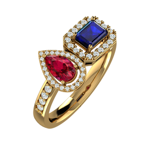 925 Sterling <b>Silver</b> Gold Plated Open <b>Ring</b> with Pear Cut Red CZ & <b>Emerald</b> Cut Blue CZ Halo Design for Women - Product Image 1