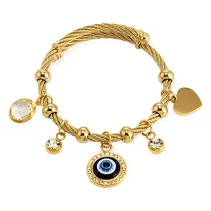 XISHUO 316L Stainless Steel Hot Sales 18k Gold Plated Jewelry Adjustable Beaded Blue Eye Bracelet For Women