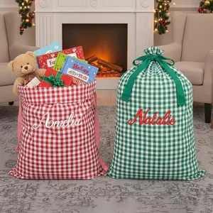 Custom Extra <b>Large</b> <b>Christmas</b> <b>Gift</b> <b>Bag</b> Personalised Embroidered Gingham Drawstring Storage Santa Sack - Product Image 6