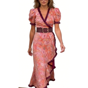 Abito lungo da donna con scollo a V e stampa floreale, stile bohémien-chic per le vacanze, con volant asimmetrici - Sehe Fashion - Product Image 1