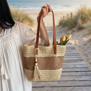 New Lady Fashionable Vintage Woven <b>Straw</b> Tote <b>Bag</b> with Pendant Winter <b>Summer</b> Outdoor Shopping ZIP Closure Single Strap - Product Image 3