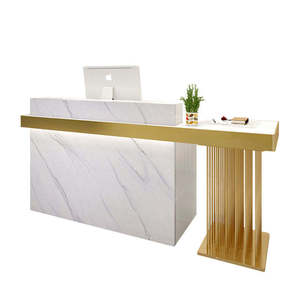Modern <b>Solid</b> <b>Wood</b> Front <b>Desk</b> Counter Gold-plated Logo LED Light Adjustable Reception <b>Desk</b> for Hotel Gym Hospital Supermarket - Product Image 4