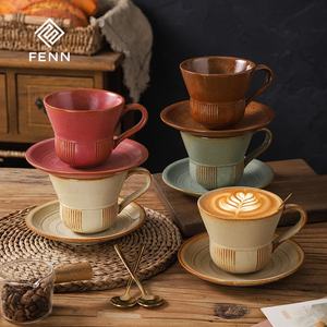 Tasse à café et soucoupe en céramique rétro vintage FENN, forme de corne unique, poterie en argile, tasse à café <span class=keywords><strong>latte</strong></span>, tasse japonaise faite à la main pour café - Product Image 4