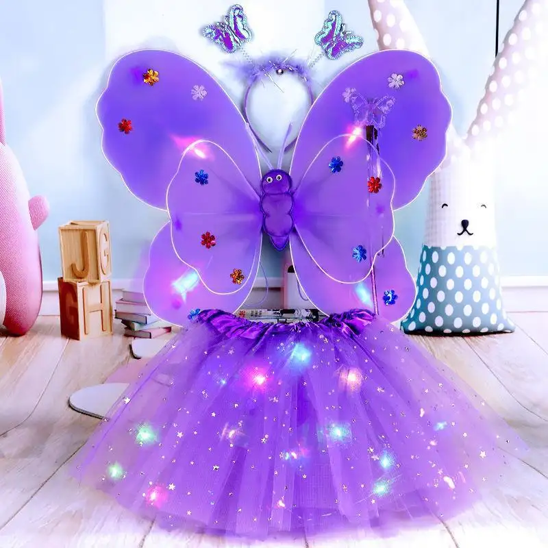 Halloween 4 Pieces Kids Clothes Sets Tulle Butterfly Fairy Christmas LED Light Up Tutu Dress Skirt