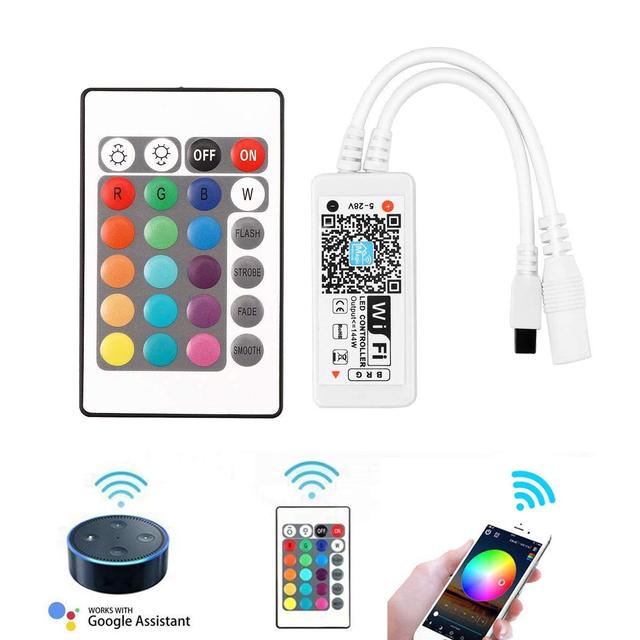 Wifi DC5-28V Wireless Controller With 24 Key IR Remote Control for RGB RGBW LED Strip Compatible With Alexa Google Home IFTTT