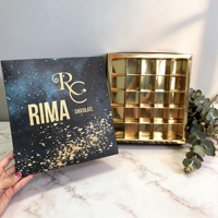 Boîte en papier pour chocolats avec couvercle imprimé CMYK personnalisé, 25 compartiments, doublure en feuille d'or, emballage cadeau pour confiseries, desserts et sucreries