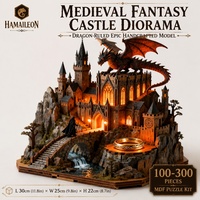 Hamaileon Miniature - Diorama de château médiéval fantastique en bois artisanal à assembler, avec dragon et anneau - Puzzle 3D en bois