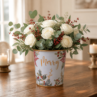 Pot de fleurs en fer blanc à bordure dorée florale, motif 'Merry Joy Noel' en lettres cursives, pour centre de table de fête de Noël et seau décoratif de jardin