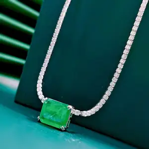 925 Sterling Silver Paraiba Green Rectangle Shape Emerald Tennis Chain Necklace
