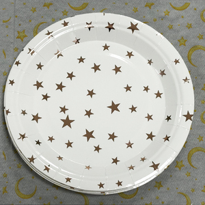Assiettes réutilisables en papier déjoué avec étoiles rouges roses, assiettes de fête scintillantes avec 10 étoiles scintillantes pour décoration noble de fête - Product Image 1