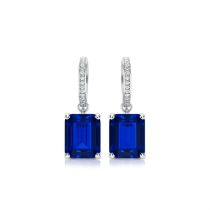 Boucles d'oreilles en saphir bleu platine, diamant taille émeraude couleur D certifié GIA, bijoux classiques pour femmes, pour mariage - Product Image 1
