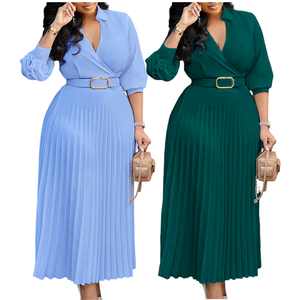 C8622 Vestido Largo Elegante para Mujer, Manga Larga, Cuello en V, Plisado, Vestido Casual de Oficina para Dama, con Cinturón, Vestidos de Moda para Mujer - Product Image 1