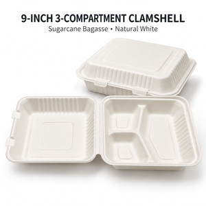 Cajas de Almuerzo Desechables de 9 Pulgadas, Hechas de Bagazo de Caña de Azúcar, 100% Biodegradables, Ecológicas, Compostables, con Tapa Abatible, Certificadas - Product Image 1