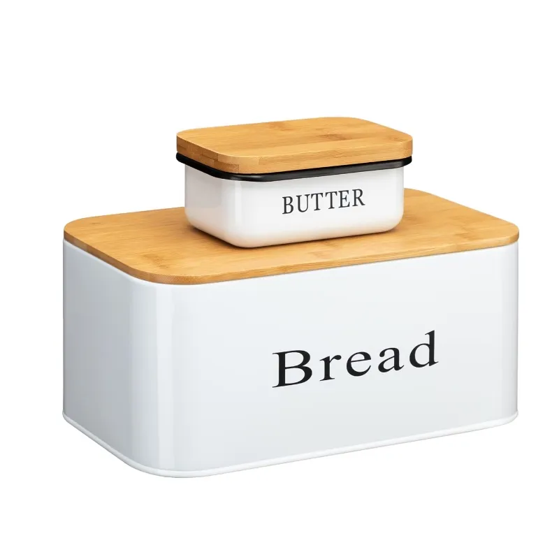 Bread Kitchen Countertop with Bamboo Cutting Board Lid & Butter Dish 2 PCs Set -Bread Metal Storage Containers Food tin box