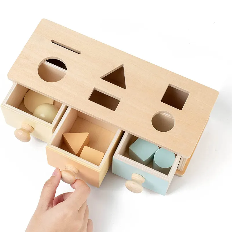 나무 아기 조기 학습 교구 장난감 몬테소리 어린이 나무 동전 상자 서랍 게임 교육 완구