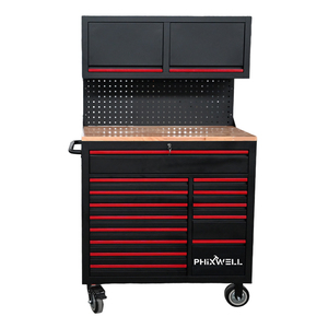 Chariot à <span class=keywords><strong>outils</strong></span> d'atelier personnalisable PHIXWELL avec plateau <span class=keywords><strong>en</strong></span> <span class=keywords><strong>bois</strong></span>, armoire supérieure et panneau arrière, pour réparation automobile industrielle, compatible OEM - Product Image 1