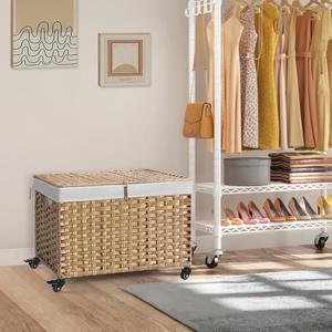 Eco-friendly Rolling <strong>Foldable</strong> Woven Vintage Handmade Laundry <strong>Basket</strong> with Lid 20-35L Capacity for Bathroom Dirty Laundry Storage - Product Image 6
