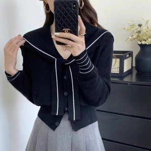 Korean-style Preppy <b>Navy</b> Collar Long Sleeve Knit <b>Cardigan</b> For <b>Women</b> Apricot Gray Black Burgundy Coffee Thin Polyester V-neck - Product Image 4