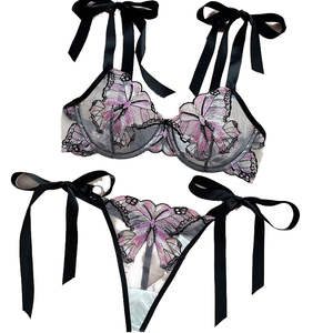 Lune de miel <span class=keywords><strong>Sexy</strong></span> violet maille ensemble de Lingerie pour femmes brodé papillon <span class=keywords><strong>Transparent</strong></span> ODM approvisionnement contrôle de la lumière dentelle Jersey - Product Image 4