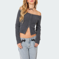 Vente en gros OEM & ODM Logo personnalisé pull cardigan en mohair à manches longues avec fermeture éclair et épaules décollées pour femmes en fausse fourrure