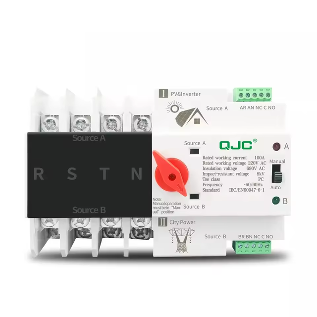QJC Factory 4P 3 Phase 4 Wire Din Rail ATS for PV and Inverter Dual Power Automatic Transfer Selector Switches Uninterrupted