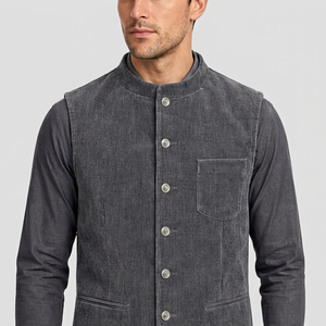 Men's Corduroy <b>Vest</b> Mandarin Collar Button Closure Full <b>Sleeve</b> - Product Image 1