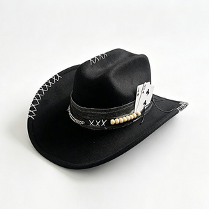 Nouvel Arrivage <span class=keywords><strong>Chapeau</strong></span> de Cowboy Western Vintage en Feutre à Large Bord avec Ornement Cartes à Jouer et Ceinture Perlée, pour Costume de Fête Cosplay Hommes Femmes - Product Image 1
