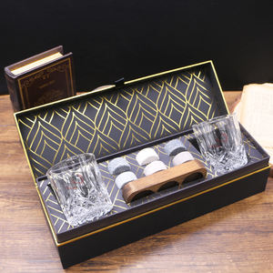 Pierres à whisky rondes en granit de qualité supérieure, <span class=keywords><strong>2</strong></span> verres en cristal, plateau de rangement en bois dur, élégant, boîte-cadeau - Product Image 6