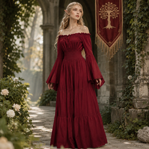 Accessoires de costumes médiévaux, costumes de films, robe longue à manches cloche, taille smockée et à volants pour femmes, pour Halloween, cosplay, LARP - Product Image 3
