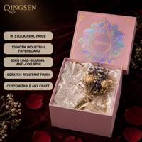 Boîte cadeau de luxe élégante en carton rose personnalisé avec couvercle et base estampés à chaud, doublure satinée, pour l'emballage de verrerie et les cadeaux