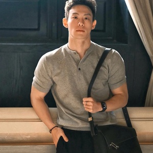 Camiseta de Manga Corta con Cuello Henry, Estilo Casual, Tejido Sólido, para Hombre, Verano, Transpirable, con Puños Ajustados - Product Image 4