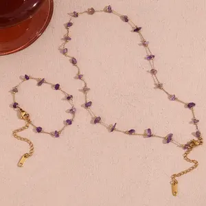 Purple Crystal Choker Gemstone Beaded Gold Plated Necklace Stainless Steel Jewelry Valentines Day Gift 2024