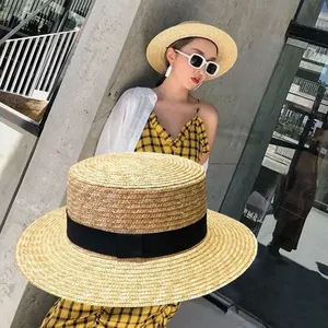 Alta calidad de moda plana superior Jazz Boater sombrero mujeres ala ancha trigo Tailandia cubano paja visera sombrero proveedor con cinta - Product Image 2