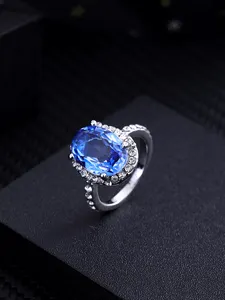 Joia de estilo clássico europeu com diamante azul real redondo, anel de elegância requintado para mulheres, coração do mar