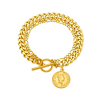 Bracelet chaîne double couche en acier inoxydable plaqué or pour femme, pendentif élégant Reine avec fermoir OT – Cadeau idéal pour les fêtes